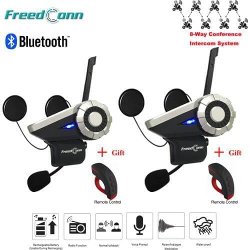 T-Rex*2pcs 1.5KM 8-Way Radio Wireless Interphone Bluetooth Intercomunicador MP3 Sharing AUX Input Motorcycle Group TalkSystem