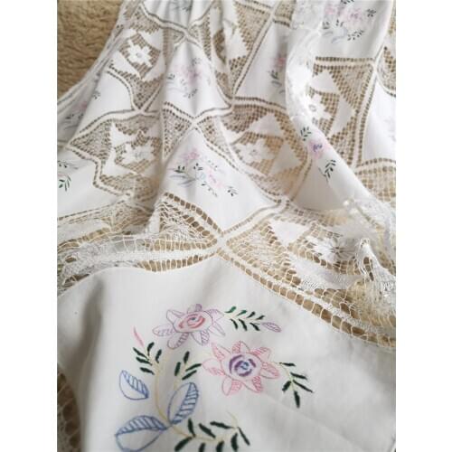 Pure Cotton Handmade Net Buckle Table Cloth Machine Embroidery Coloured Tablecloth Pastoral Handmade Lace Curtain