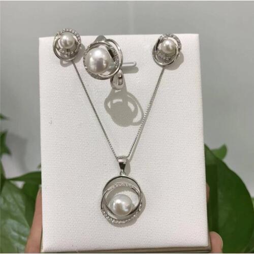 Natural freshwater white pearl AAA 7-8mm Tibetan silver Good quality zircon inlay Pendant necklace earrings ring set