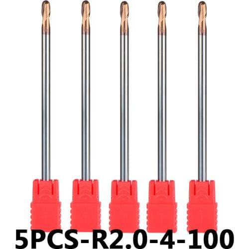 5pcs/lot R2-4-100 HRC55 With Straight Shank Tungsten Steel Ball Nose End Mills 2-Flute Ball Head Milling Cutters Router Bits