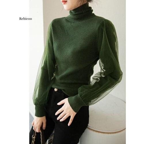 Korean Mesh Patchwork Long Sleeve Pullover Knitwear Autumn Winter Turtleneck Knitted Tops Women Sweater