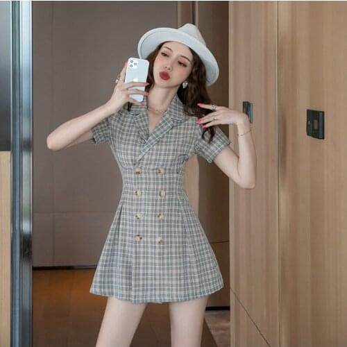 New Summer Korean Elegant Slim Mini Dress Ladies Streetwear Vintage Short Sleeve Double-Breasted Plaid Print Party Short Dress