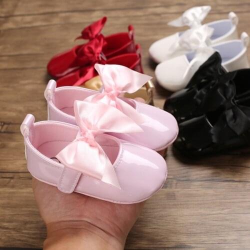 Newborn Baby Girls Shoes PU leather Buckle First Walkers With Bow Red Black Pink White Soft Soled Non-slip Crib Shoes