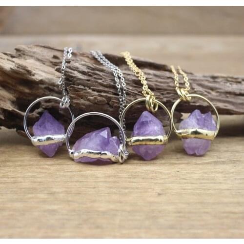Irregular Amethysts Geode Point Hoop Pendants Healing Necklace,Raw Purple Druzy Drusy Nugget Charm Women Jewelry Dropship,QC3081