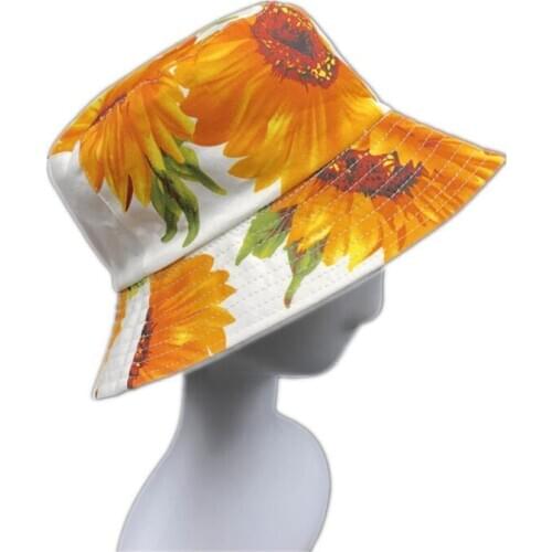 Women Floral Printed Bucket Hat Girls Summer Spring Sunflower Print Fisherman Hat Sun Protect White Cotton Twill Bucket Hat
