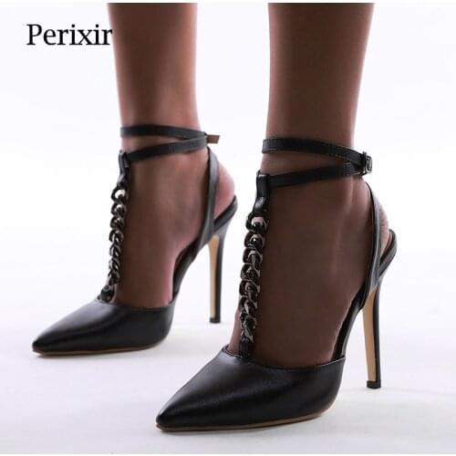 Perixir Woman Sandals T-tied Ankle Strap Thin High Heels Pointed Toe Footwear New Metal Decoration Women Shoes Big Size 35-42