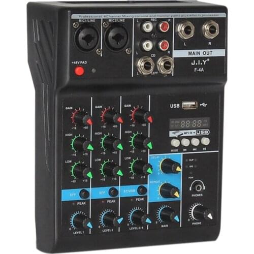Portable Audio Mixer Professional 4 Channel Bluetooth Mixer DJ Console with Reverb Effect for Karaoke USB Live Stage KTV