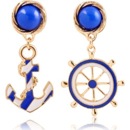 Blue Color Ocean Boat Anchor Stud Earrings Fashion Round Gold Korean Chic Ear Invidividuality Minimalist Jewelry Gift 2021 New