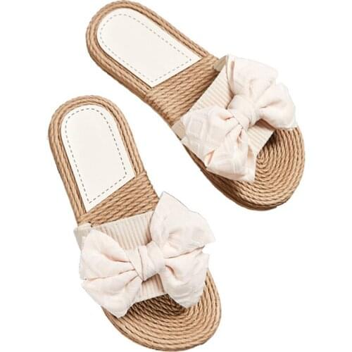 New Women Flax Slipper Summer Casual Slides Ladies Comfortable Striped Floral Bow Sandals Female Indoor Home Shoes Slip On hy438