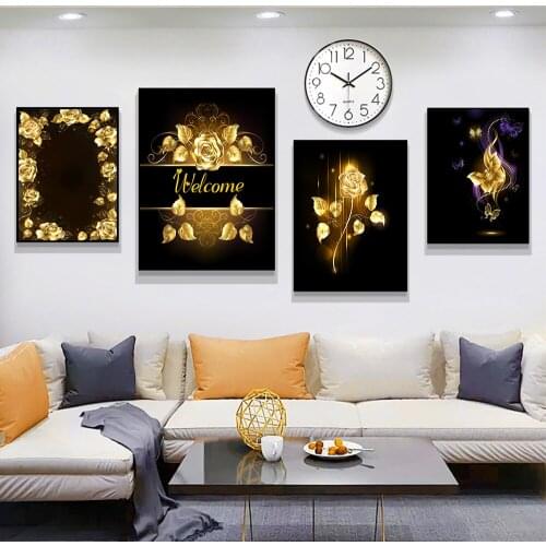 Light luxury Gold Rose Painting Flower HD Canvas Prints Art Wall Decor Abstract Picture for Living Room Home Decoration