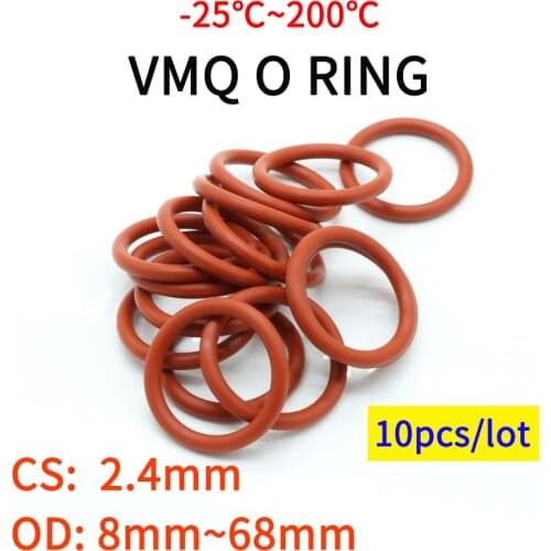 10pcs VMQ O Ring Seal Gasket Thickness CS 2.4mm OD 8 ~ 68mm Silicone Rubber Insulated Waterproof Washer Round Shape Nontoxi Red