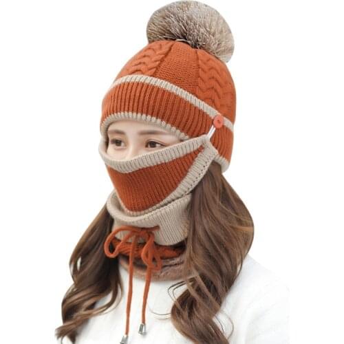 Women Winter Plus Velvet Plush Thicken Cycling Hat Bib Glove Set Female Acrylic Knit Windproof Warm Black Cap Scarf Beanies R26