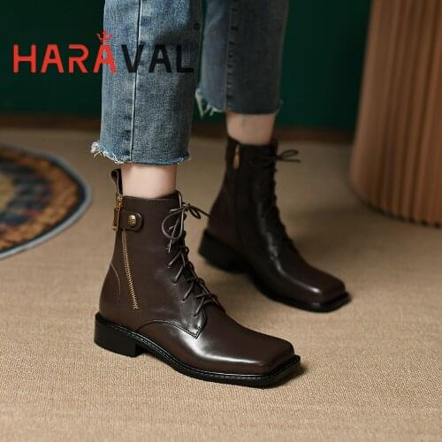HARAVAL Women Ankle Boots Shoes Chelsea Boots Lace Up Black Brown Genuine Leather Elegant Cross-Tied Boots Thick Bottom E514L