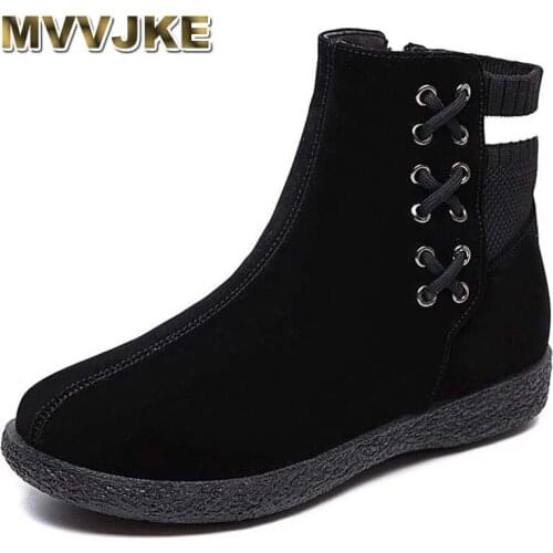 MVVJKE 2021Women Ankle boots Knitting cross tie ladies zipper plush winter Womens Causal flat platform Comfortable female shoes