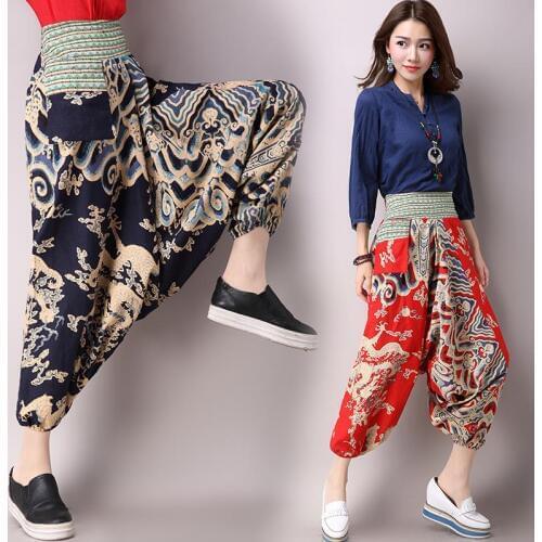 Spring Autumn new Nepal national wind women casual pants national wind elegant print hanging crotch harem pants Hip-hop pants