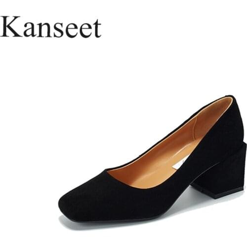 Kanseet Shallow Office Lady Woman Pumps Genuine Leather 2021 Spring Autumn Concise Daily Black Shoes Square Toe High Heels Shoes