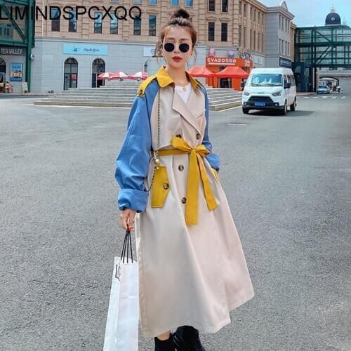 2021 New Autumn Fashion Womens Trench Coat Casual Full Sleeve Lapel Collar Patchwork Hit Color Slim Long With Belt Windbreaker