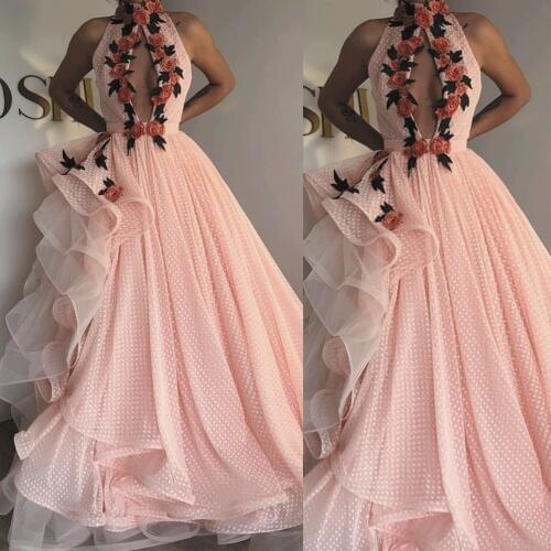 SuperKimJo Pink Prom Dresses 2020 Dotted Tulle Embrodiery Applique High Neck Prom Gown Vestido Graduacion Largo