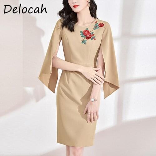 Delocah New 2021 Autumn Women Fashion Designer Pencil Dress Butterfly Sleeve Gorgeous Sequined Crystal Beading Ladies Midi Dress