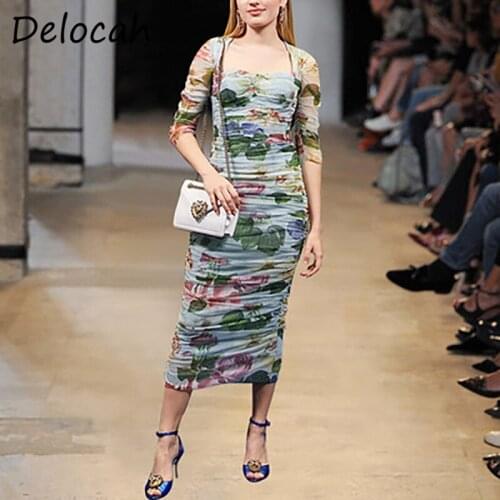 Delocah Spring Women Fashion Runway Mesh Dress Long Sleeve Floral Printed Elegant Bodycon Fit Ladies Midi Dresses Vestidos 2021