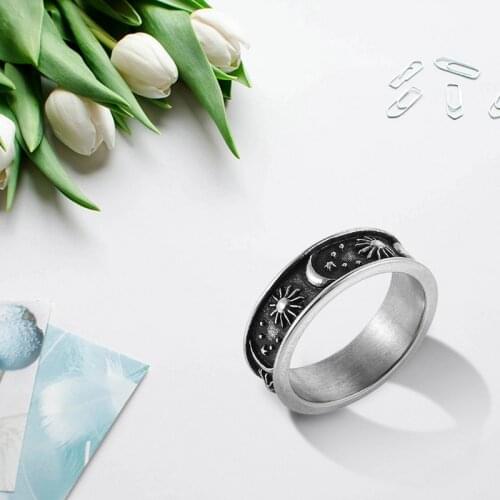 1Pcs 8mm Moon Star Sun Statement Ring Stainless Steel Boho Jewelry for Women Men Gift