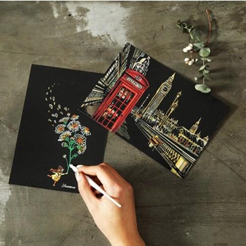 4Sheets/lot Vintage Scraping Paint Scratch Night View Postcards Drawing View Fireworks Oil Painting Postcard Accessories