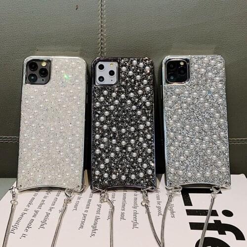 TPU Soft Glitter Bling Pearl Crystal Necklace Lanyard Phone Case For Huawei Mate 40 30 20 Pro P40 P30 Pro Diamond Crossbody Case