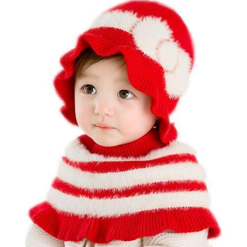 Baby Hat Childrens Knit Hat + Shawl Suits Baby Winter Hat Fashion Soft Windproof Warm Bow Earmuff Princess Caps Newborn Hats