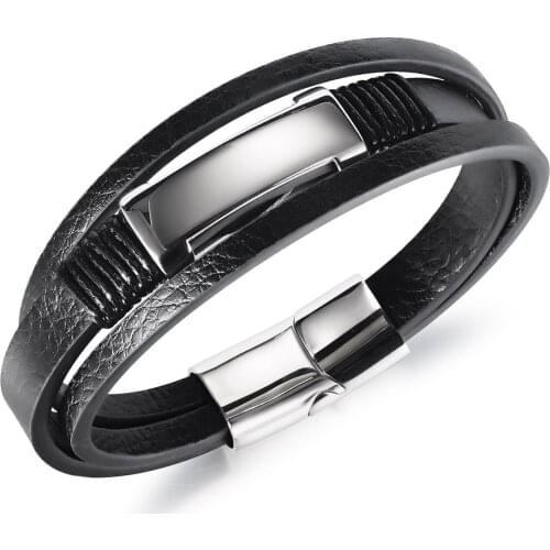 Cyue European Men Fashion Black Braided Multi-layer Leather Bracelet Stainless Steel Button Wristband Jewelry ZYLB0210
