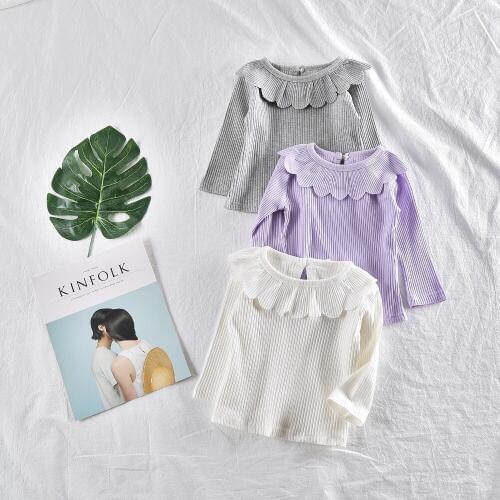 T Shirt For Girls Cotton Ruffle Lapel Children Clothing Spring Autumn Long Sleeves Tops Toddler Baby Tees 1-4 Years Kids Shirts
