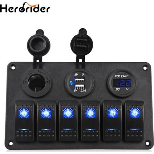 Herorider 6 Gang 24V LED Rocker Switch Panel Circuit Breaker Charger Dual USB Socket Cigaretter Plug Voltmeter Car Auto Charger