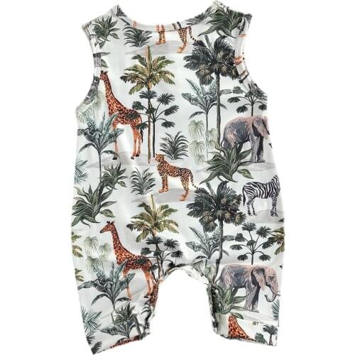 2021 0-24M Newborn Baby Sleeveless Romper Casual Animal Tree Print Button Front O Neck Jumpsuit Summer One Piece For Boys Girls