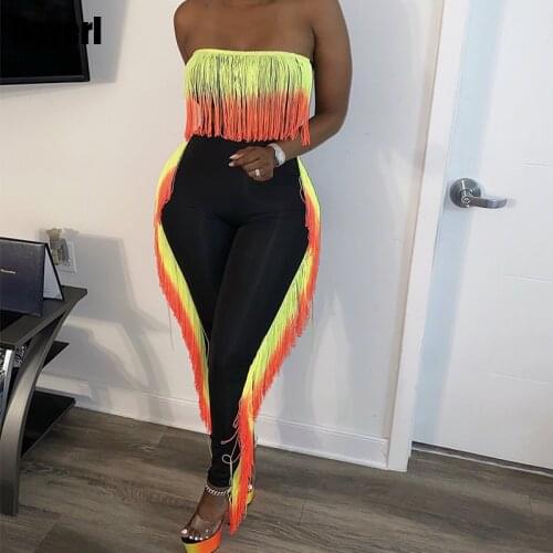 Tassel Two Piece Set Sexy Club Outfits for Women Party Festival Clothing Crop Tops Pants Set Women 2 Piece Summer Sets Wholesale