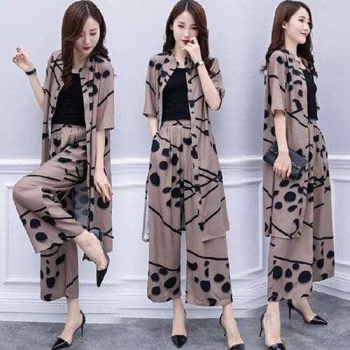 Fashion Elegant 2 Piece Set Women Spring Summer Long Cardigan Blouse And Wide Leg Pant Sets Chiffon Pants Suits