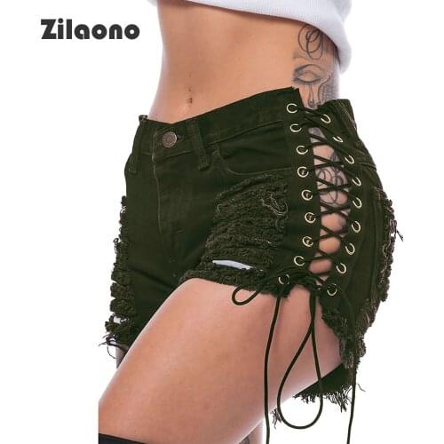 Summer Women High Waisted Shorts Eyelet Button Side Straps Sexy Ripped Hole Raw Hem Frayed Beggar Club Butt Lift Booty Shorts