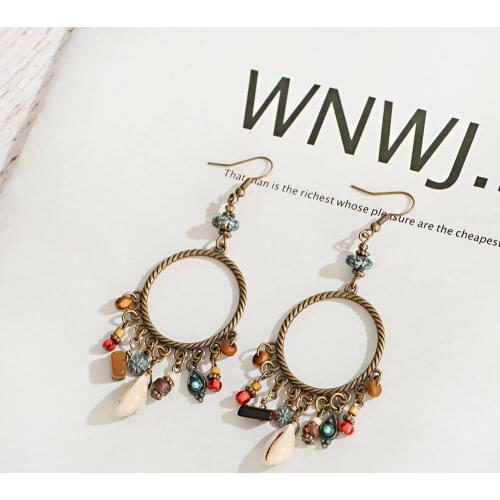 Retro Ethnic Style Fashion Earrings Copper Color Round Ring Alloy Earrings Natural Shell Rice Bead Pendant Decorative Earrings