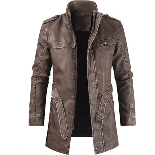 2022 Men Winter New Casual Long Thick Fleece Leather Jacket Parkas Men Outfit Warm Vintage Pockets Faux Leather Jacket Coat Men