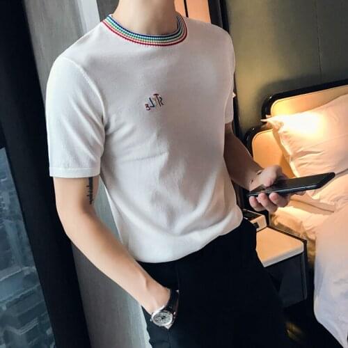 Letter Embroidery Knitted Short Sleeve T-Shirt 2020 Summer Tee Shirt Homme Slim Fit Round Collar Solid Bottom Men T Shirts