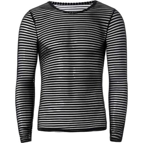 Unisex Undershirt Sexy Mesh Sheer Basic Shirts O-neck Gay Long Sleeves Slimming Undershirts Inner Tops Pajamas Sleeping Wear