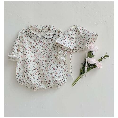 Autumn Infant Baby Girls Bodysuits Long Sleeve Flowers Print Overalls Jumpsuits With Hat 2pcs Baby Clothes Outfits