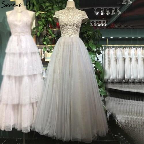 Serene Hill Grey Nude A-Line Evening Dresses Gowns 2021 Crystal Beaded Sexy For Women Wedding Party LA71159