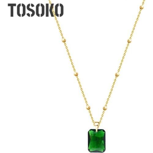 TOSOKO Stainless Steel Peacock Green Zircon Pendant Necklace Women Fashion Jewelry BSP573