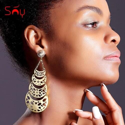 Sunny Jewelry Fashion Big Earrings Long Drop Dangle Earrings For Women Flower Pattern Earrings Trendy Jewelry For Party Birthday