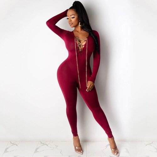 Sexy Hollow Out Metal Chain V-neck Jumpsuits for Women Overalls Long Sleeve Skinny Party Club Rompers Womens Jumpsuit Bodycon