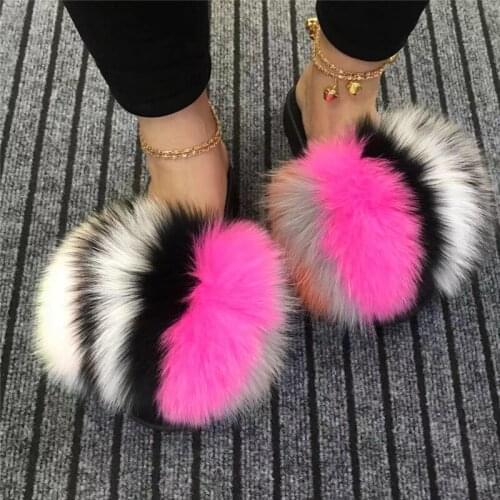 Hot Female Casual Beach Flip Flops Ladies Fluffy Raccoon Fur Slides Colorful Soft Plush Shoes Women Fox Fur Slippers Wholesale