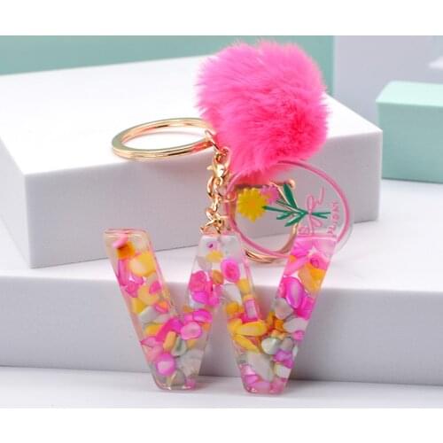 Women A-Z English Letter Keychains Pink Pompom Alphabet Keyring Handbag Charms Pendant Ornament Key Ring Holder Jewelry Gifts