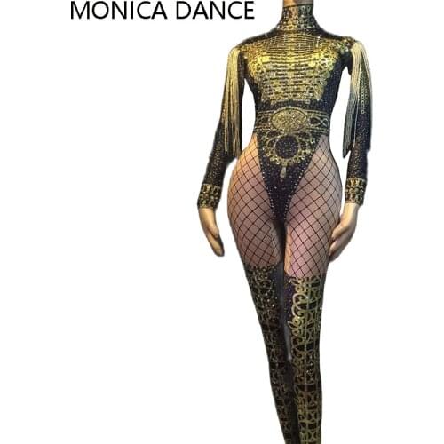 Women Sexy Stage Glisten Black Gold Crystals Tassel Jumpsuit Outfit Dance Stage Show Nightclub Costume Singer Leotard Jumpsuit