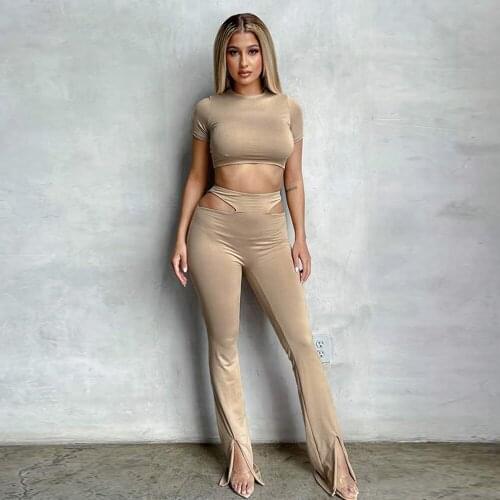 Womens Tracksuit Short Sleeve Bandage Crop Tops and Side Hollow Out Split Hem Flare Trousers Office Lady Solid 2 Piece Suits