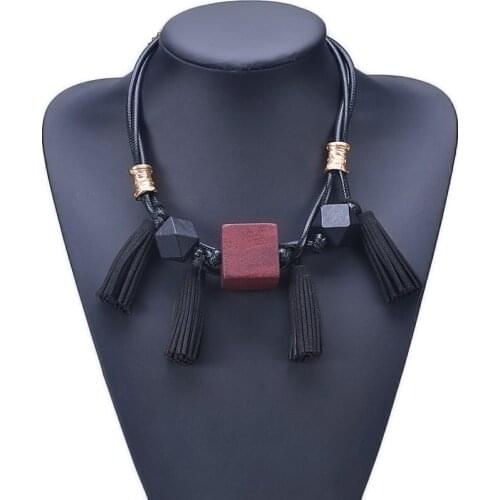 Ethnic Women Necklace Multi Layer Leather Rope Chain Geometric Wooden Long Tassel Pendants and Necklaces Accessories for Jewelry