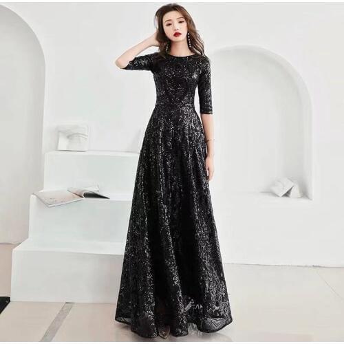 A-line Evening Dress Black Sequins Shining O-neck Half Sleeve Formal Prom Dress Women Vintage Floor-length Long Party Gown E091